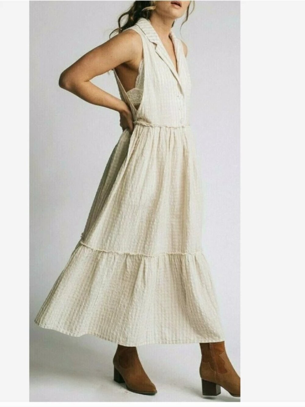 Free People Saffron Flower Tiered Sleeveless V Neck Linen Midi Dress Gingham S